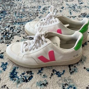 Veja V-12 sneakers with neon pink and green accents
